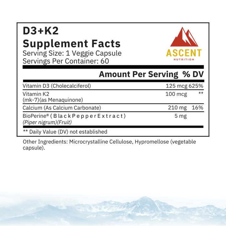 D3 + K2, 60 Capsules, 125 mcg D3 + 100 mcg K2 by Ascent Nutrition